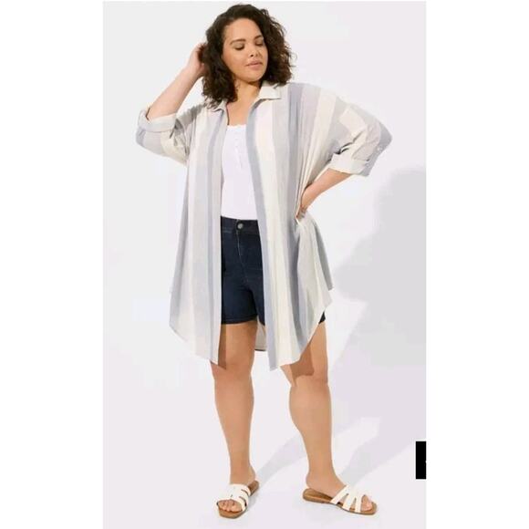TORRID Oversized Kimono Shirt 3X Blue Stripe Assymetrical Wrap Plus Size Coverup - Picture 1 of 13